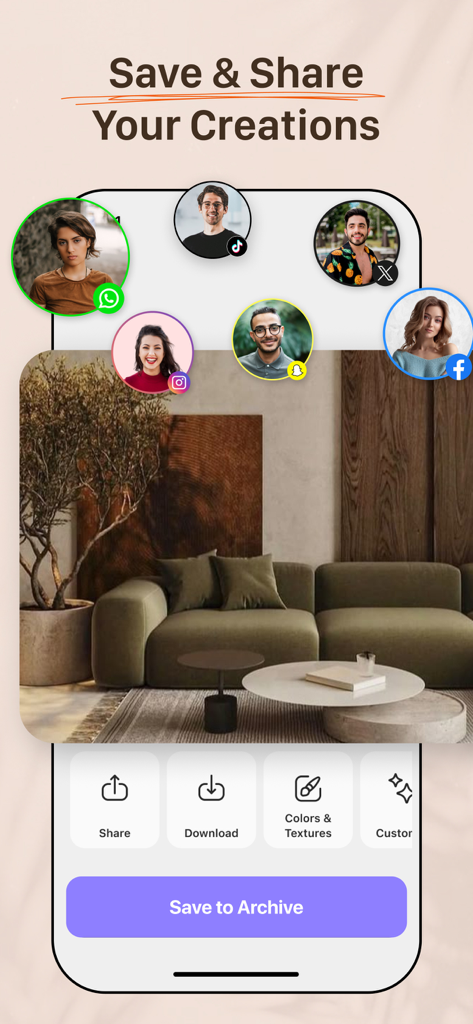AI Remodelアプリのインターフェース。インテリアデザインを保存したり、ソーシャルメディアプラットフォームで共有したりするオプションが表示されています。