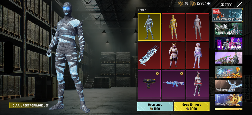 Crate Opening Battle UC - Oberfläche der Crate Opening Battle UC App, die einen Polar Spectrophage-Charakter-Skin und Lootbox-Optionen zeigt.