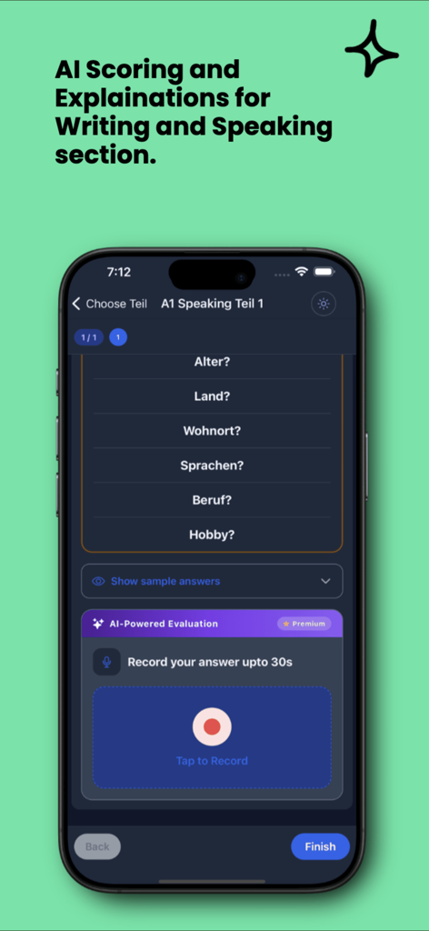 German A1 Exam: Goethe & telc - AI-powered speaking practice and evaluation for the German A1 exam.
