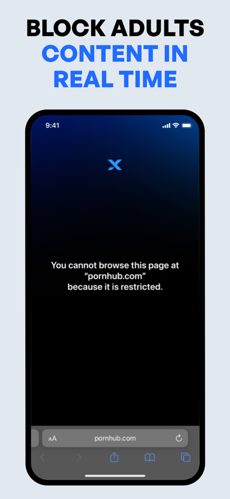 xBlock - Porn Blocker | No Nut - Handy-Bildschirm zeigt die xBlock App, die den Zugriff auf eine Erwachsenen-Website in Echtzeit einschränkt