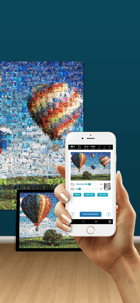 A person holding a smartphone showing the photo mosaic app interface next to large printed mosaics on a wall