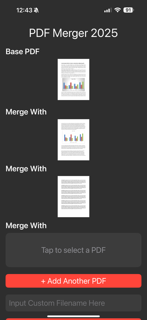 PDF Merger 2025 - Screenshot of the PDF Merger 2025 app interface showing multiple PDF files selected for merging with options to add more and rename the output