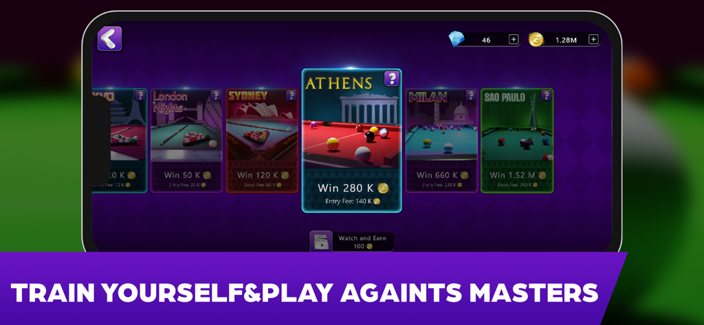 A selection screen in 8 Ball Billiards Offline showing different international tournament locations like London Sydney and Athens