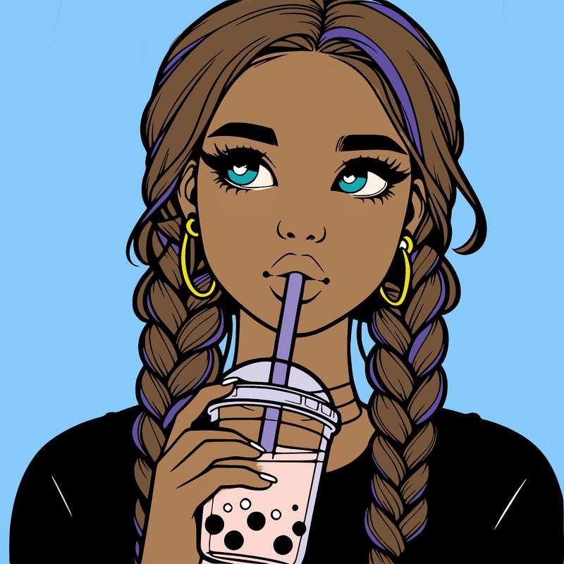 realistic girl with braided hair drinking boba