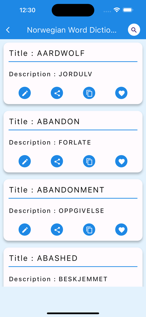 Norwegian Word Dictionary - A list of English words translated to Norwegian with action buttons for editing sharing and favoriting