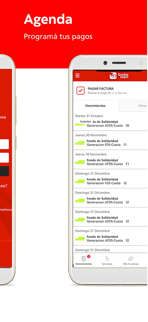 Scotia Pagos - Interface do aplicativo Scotia Pagos mostrando a tela de agenda com uma lista de próximas contas a pagar agendadas e seus prazos.