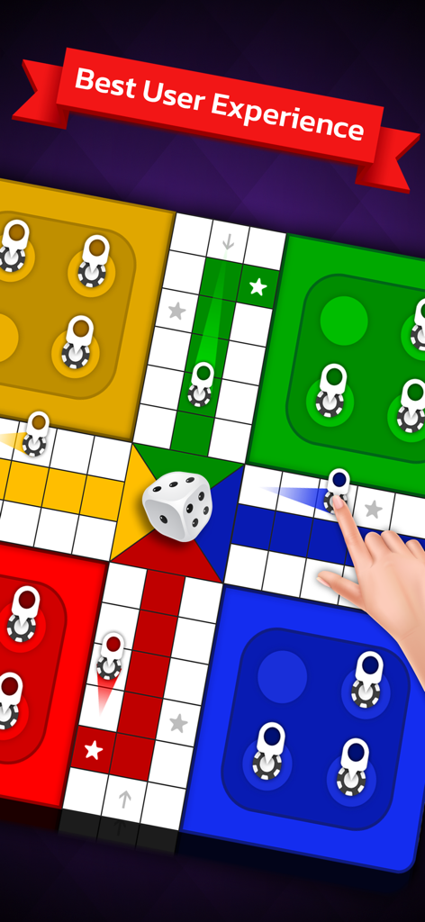 Ludo Master board game interface showing gameplay with a hand moving a token