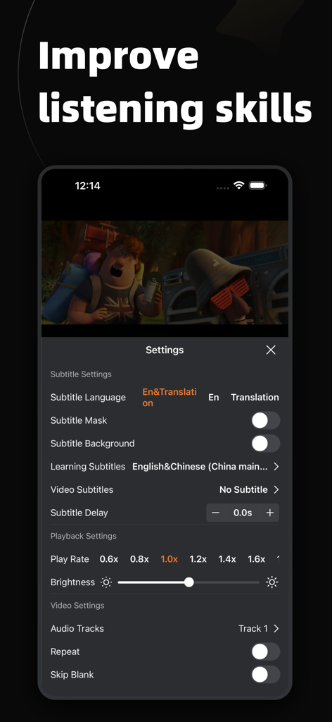 EchoSpeak-ShadowingForFluency - Settings screen of the EchoSpeak app showing options for subtitle language playback speed and audio tracks to improve listening skills
