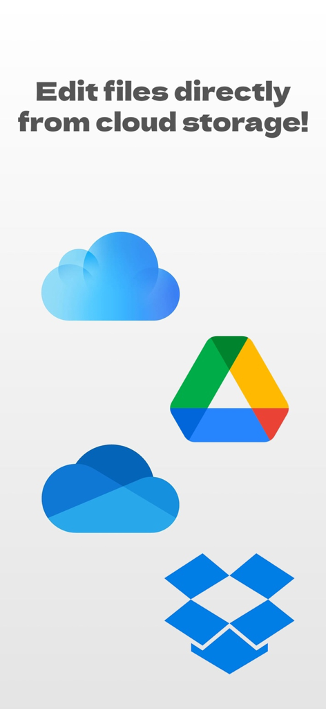 TeX Go - TeX Goアプリでのファイル統合を示すiCloud、Google Drive、OneDrive、Dropboxなどの主要なクラウドストレージサービスのアイコン