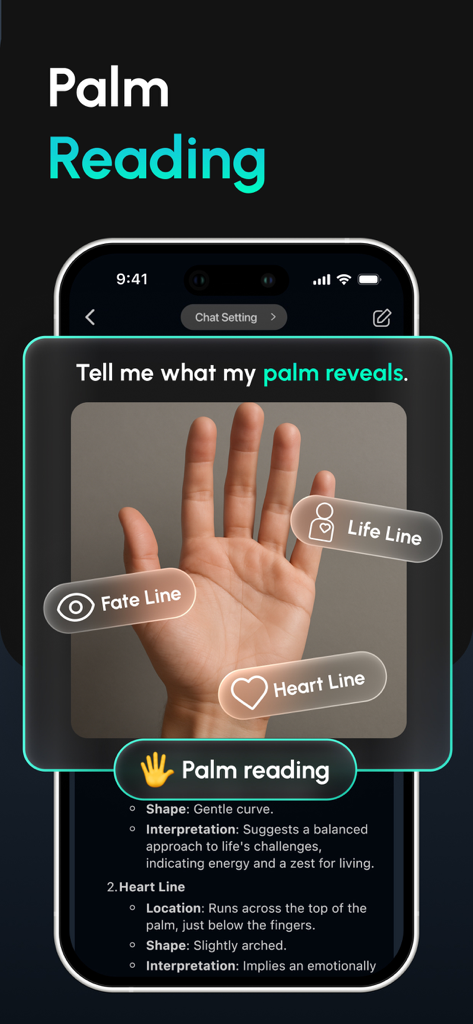 YouCam AI Chat Handlesen-Funktion, die eine Handscan mit Analyse der Lebens- und Schicksalslinien zeigt