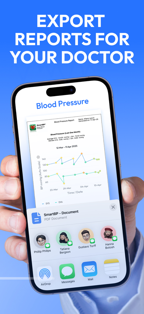 iPhone screen displaying the SmartBP app interface for exporting blood pressure reports to a doctor