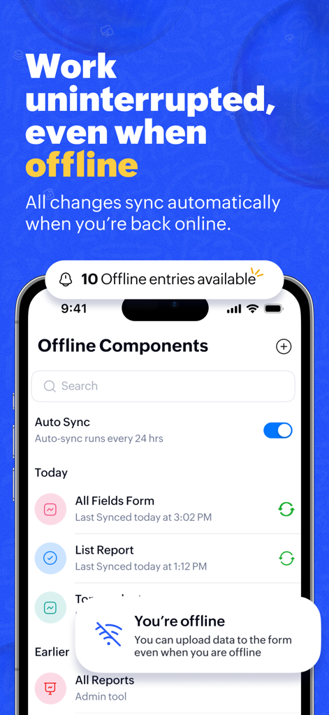 Mobile app interface showing offline components and automatic sync status for business data