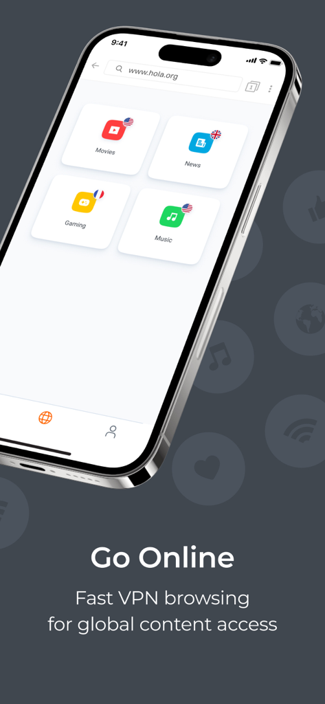 Interfaccia dell'app mobile Hola VPN che mostra categorie per film internazionali, notizie e contenuti di gioco