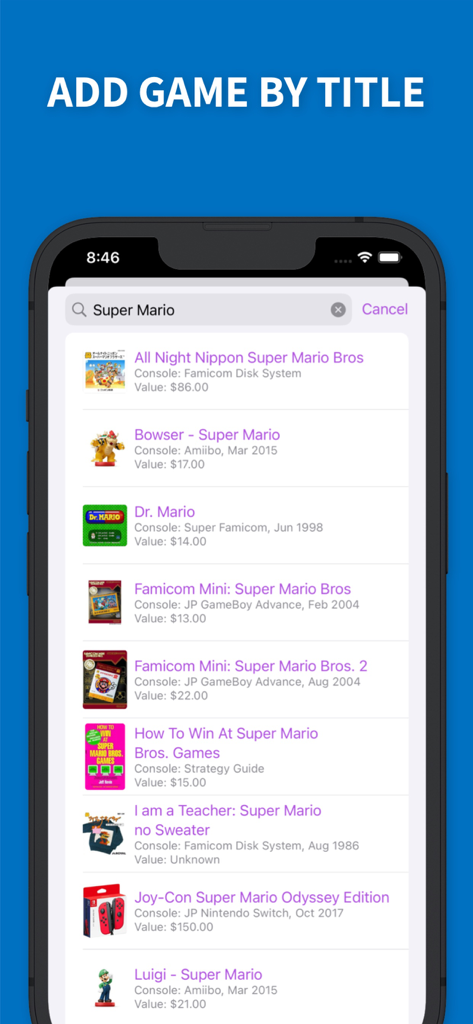 LuckyGame - Video Game Tracker - Search results for Super Mario games and collectibles showing market prices in the LuckyGame app