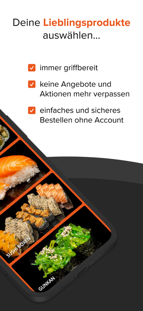 Sushi Boss Saarbrücken Dudw. - Screenshot der Sushi Boss App, der einfache Bestellmöglichkeiten und Sushi-Menüpunkte wie Gunkan und Sushi-Boxen hervorhebt.