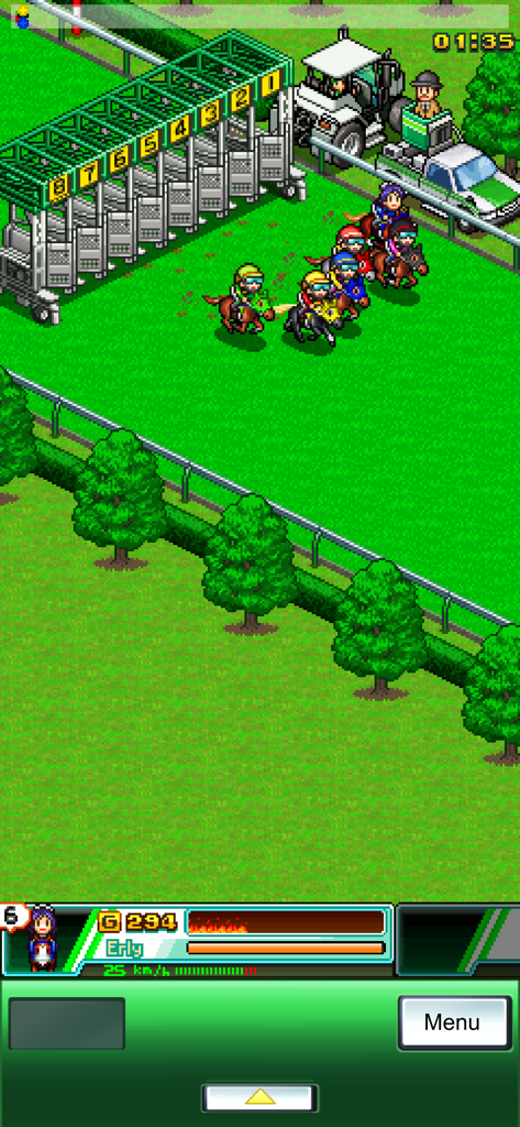 Pocket Stables - Pixel art jockeys and horses at the starting gate in Pocket Stables.