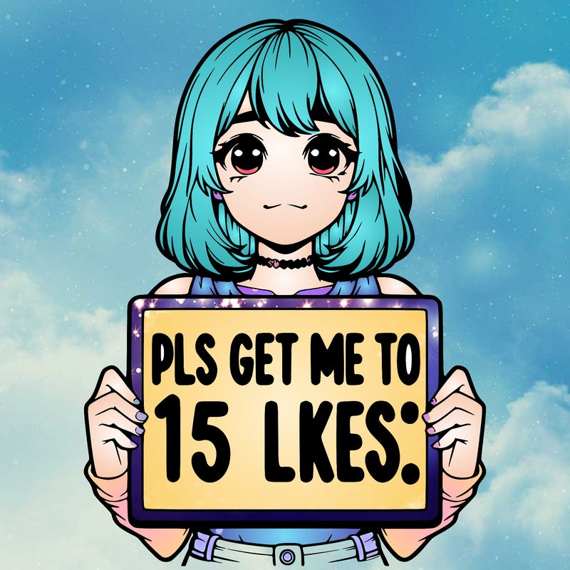realistic girl holding up a sign that says “pls get me to 15 likes!”