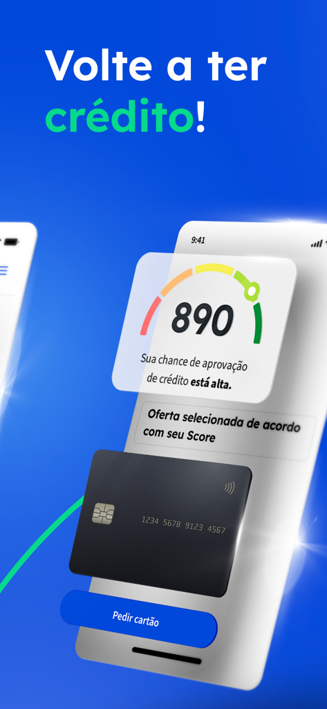 Consumidor Positivo app display showing a high credit score and a personalized credit card offer.