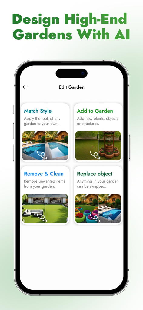 Ein Bildschirm einer mobilen App namens Edit Garden, der KI-Landschaftsgestaltungswerkzeuge wie Style anpassen, Zum Garten hinzufügen, Entfernen und Bereinigen sowie Objekte ersetzen zeigt.