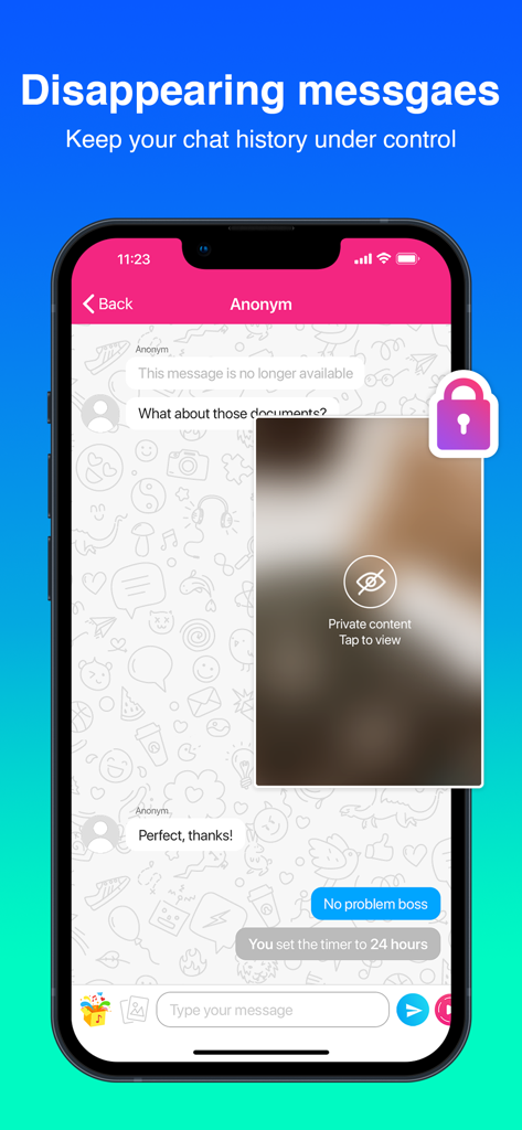 Mint Messenger - Private Chat - Smartphone screen showing Mint Messenger with disappearing messages and a secure chat interface.