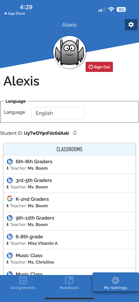 Boom Cards - A student profile screen in the Boom Cards app showing language settings and a list of assigned classrooms