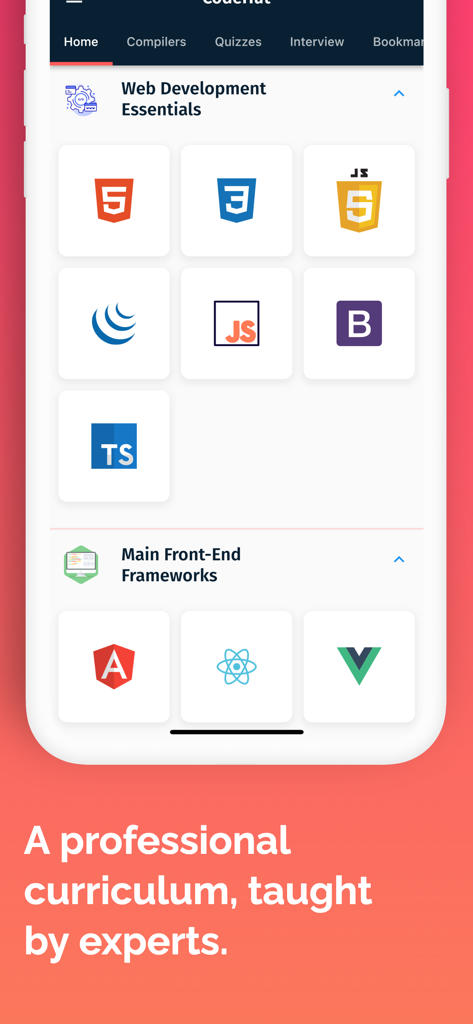 Learn To Code Offline - Coding - Interface do aplicativo móvel exibindo os fundamentos do desenvolvimento web e frameworks front-end como React e Angular