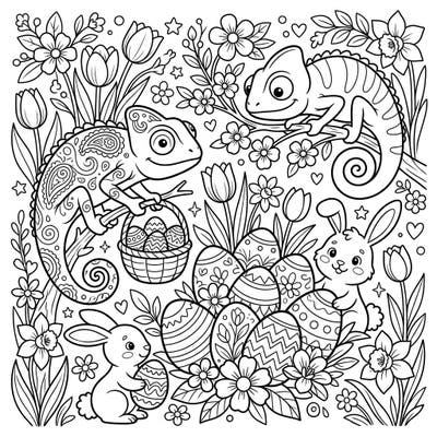 Get ready for a truly unique Easter celebration with this charming coloring page featuring playful chameleons and their bunny friends. Immerse yourself in a vibrant spring scene filled with intricately decorated eggs and blooming flowers.