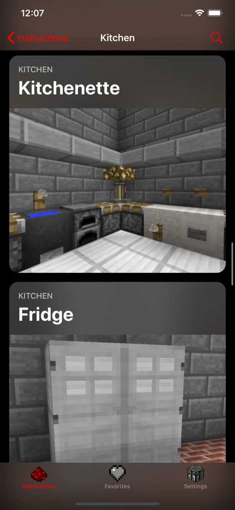 iFurniture Minecraft Designs - Pantalla de aplicación móvil mostrando tarjetas de tutorial para diseños de muebles de cocina y nevera de Minecraft