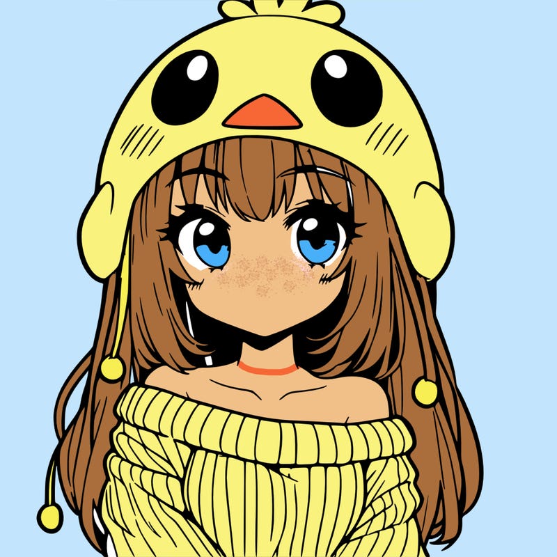anime girl with chick shaped hat with sweater with bare shoulders with bangs covering them one eye with low tail