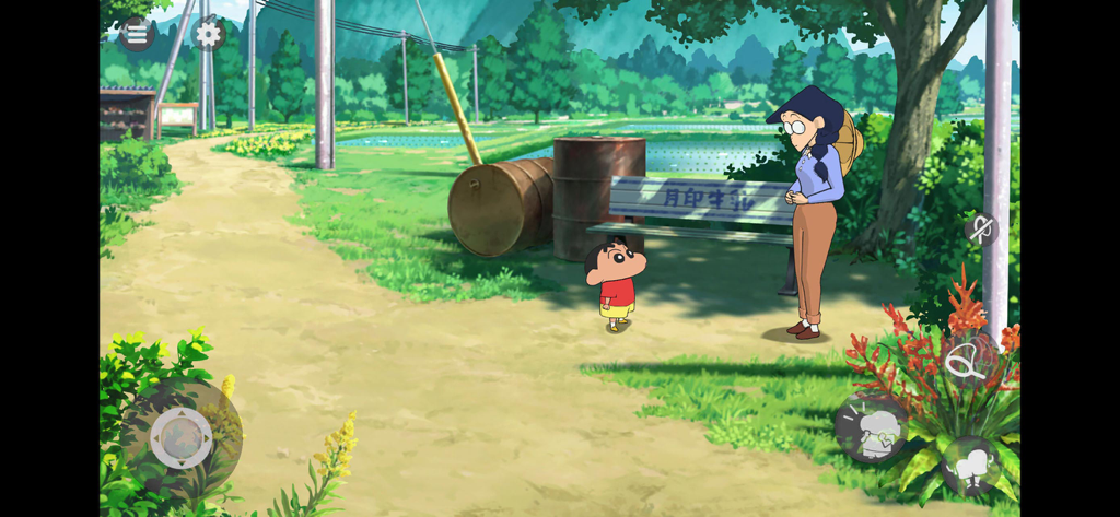 Shin chan: Shiro & Coal Town - Shin-chan che parla con un personaggio in un villaggio rurale giapponese.