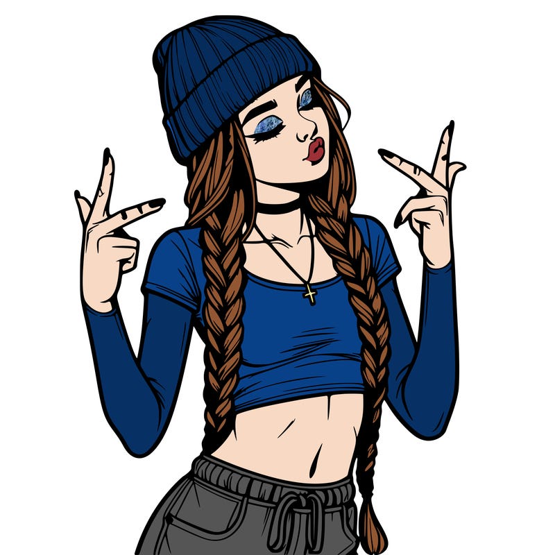 realistic teenage girl with braids and a beanie and crop top doing 🫶🏼
