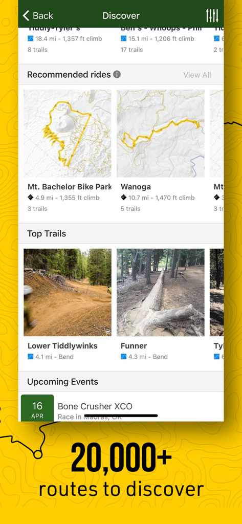 Interfaz de la aplicación Trailforks mostrando rutas y senderos de ciclismo de montaña recomendados