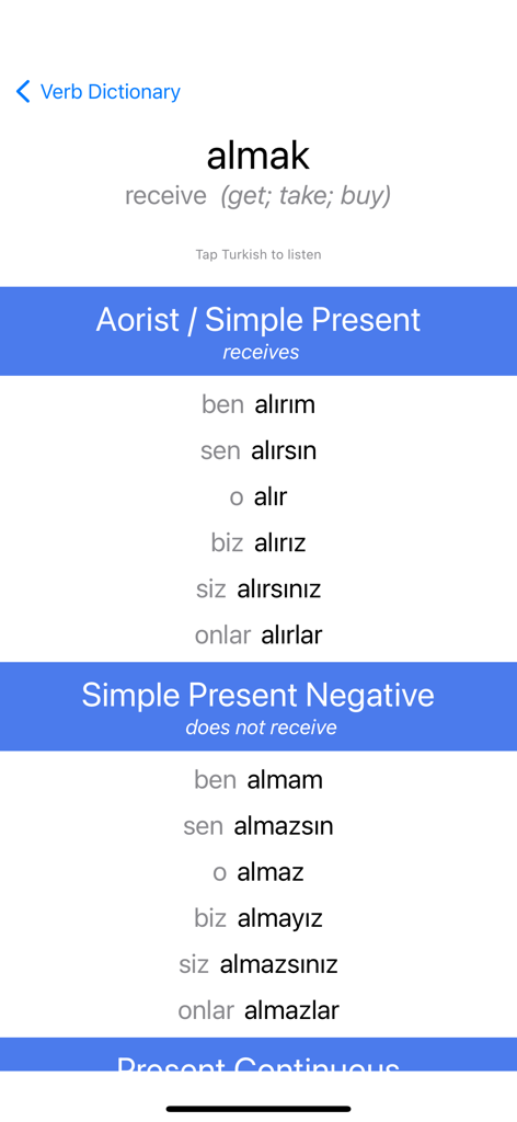 Tabla de conjugación del verbo turco 'almak' en tiempo Presente Simple.