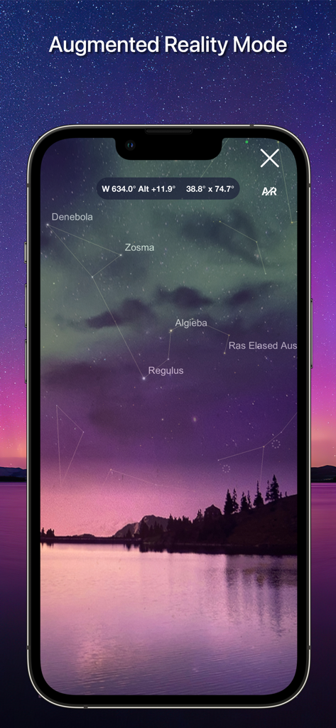 SkySafari - SkySafariアプリの拡張現実モード。星座と星の名前が夜景の上に表示されます。