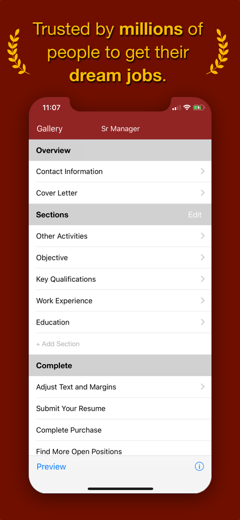 Resume Star: Pro CV Maker - Interface do aplicativo Resume Star mostrando seções para informações de contato, experiência profissional e educação para criar um CV profissional.