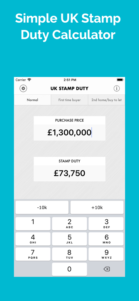 Interface of the UK Stamp Duty Calculator app showing a calculated tax of 73750 pounds for a 1.3 million pound property.