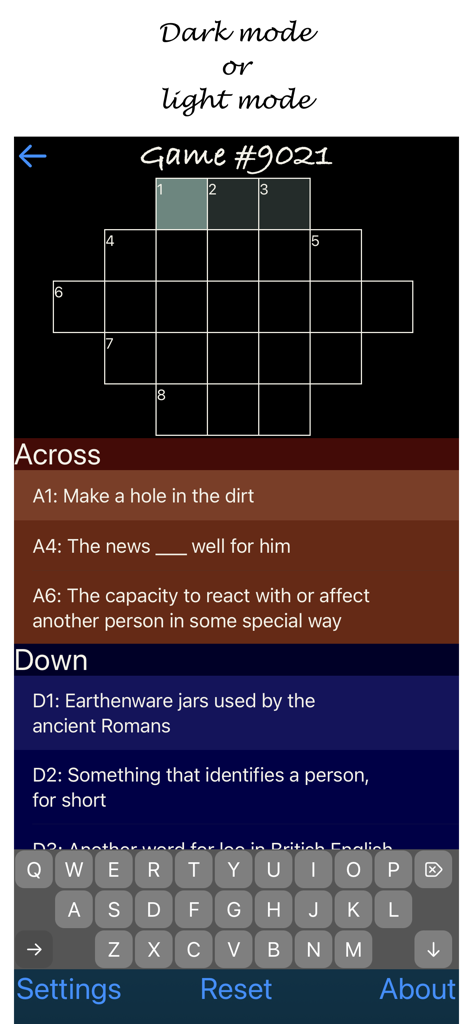 Solo Cross app interface showing a crossword puzzle in dark mode with clues and keyboard