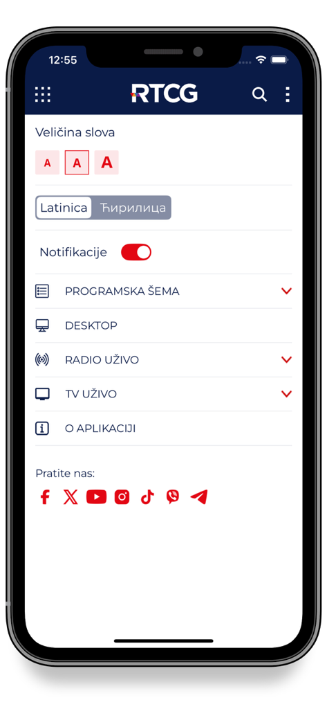 RTCG - Settings screen of the RTCG mobile app displaying options for font size script selection and live media links