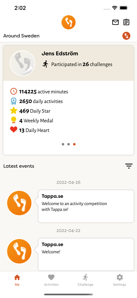 User profile screen of the Tappa Pro health app showing activity statistics including minutes and medals