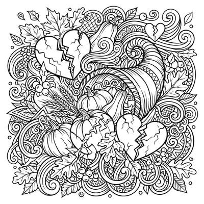 Delve into a thought-provoking coloring experience with this unique Thanksgiving design, blending traditional harvest elements with artistic broken hearts. Perfect for those seeking to explore deeper emotions through the creative act of coloring.