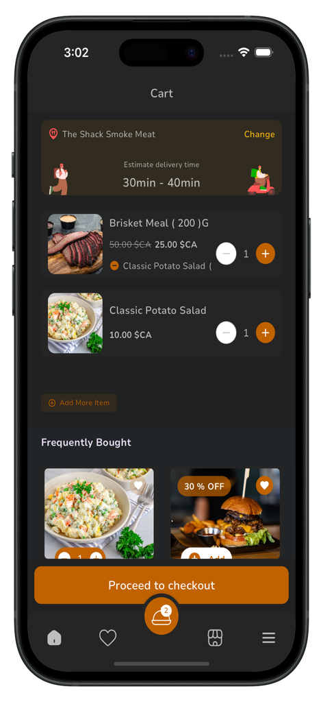 The Shack - The Shack app checkout screen showing a brisket meal and potato salad in the shopping cart with an estimated delivery time.