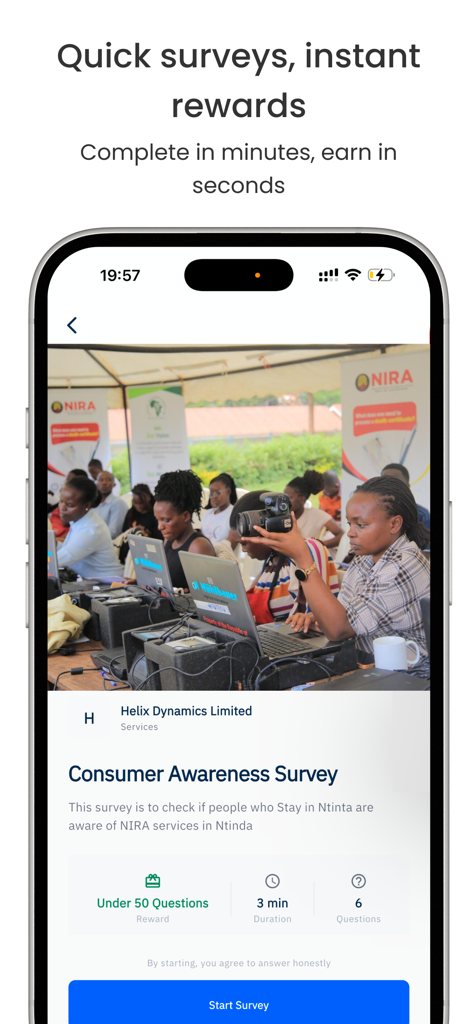 Core Intelligence - Screenshot des Core Intelligence App-Umfragedetailbildschirms mit einer Umfrage zur Verbraucherwahrnehmung mit Dauer- und Belohnungsinformationen.