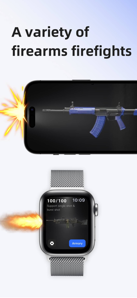 Gun Simulator Shooting Games - Gun simulator app interface showing various firearms on iPhone and Apple Watch with muzzle flash effects.