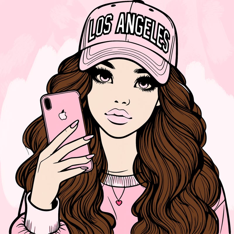 realistic beautiful girl wearing los ángeles cap holding an iphone