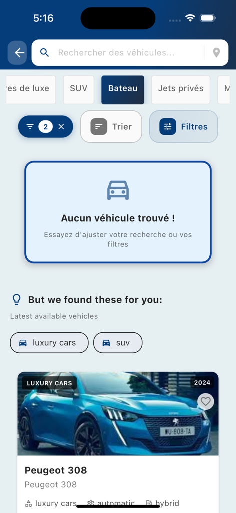 AppartMart mobile app screen showing vehicle search filters and recommended car listings