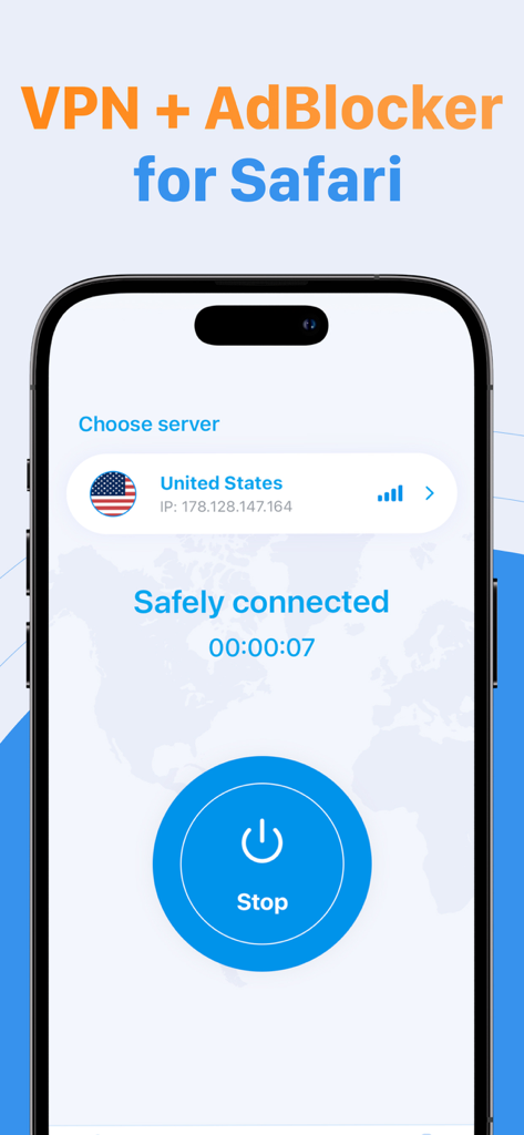 VPN & Ad Blocker for Safari - 미국 서버에 대한 보안 연결을 보여주는 Safari용 VPN 및 광고 차단기의 iPhone 인터페이스