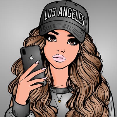 realistic beautiful girl wearing los ángeles cap holding an iphone