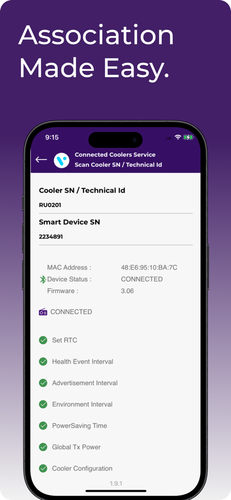 Connected Coolers Service app showing device association and status details.