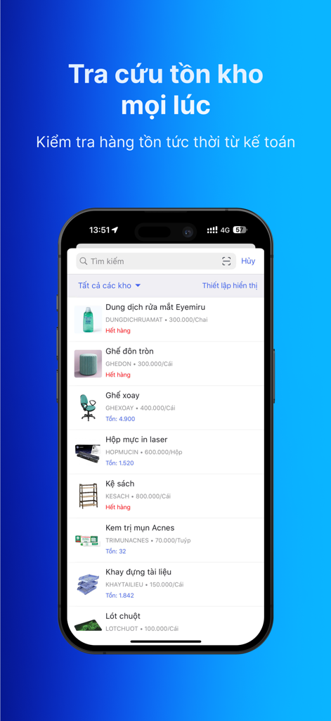 AMIS CRM 2 - Interfaz móvil de la aplicación AMIS CRM 2 que muestra una lista de productos con niveles de inventario y disponibilidad de stock en tiempo real.