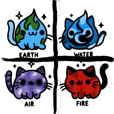 4 cats that represent the different elements, earth, water, air, and fire